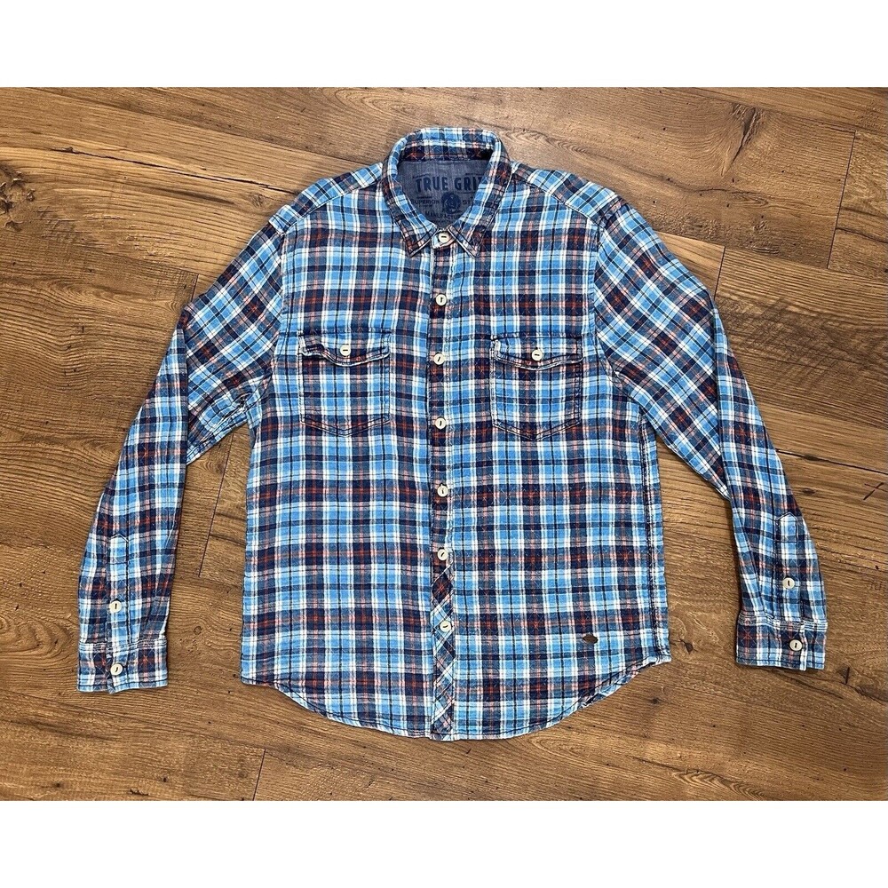True Grit Button Up Shirt Mens Large Blue Red Plaid Flannel Long Sleeve Western